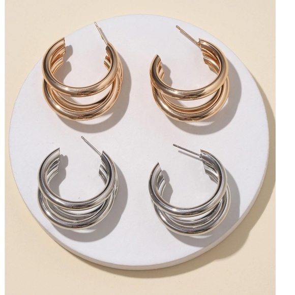 Gold Silver Tone Small Minimalist Hoop Earrings Set - Picture 2 of 6